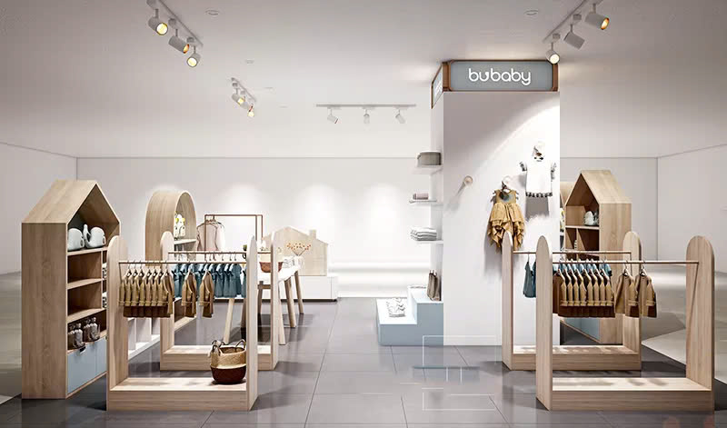 Mẫu thiết kế shop trẻ em với nội thất gỗ màu sắc trung tính