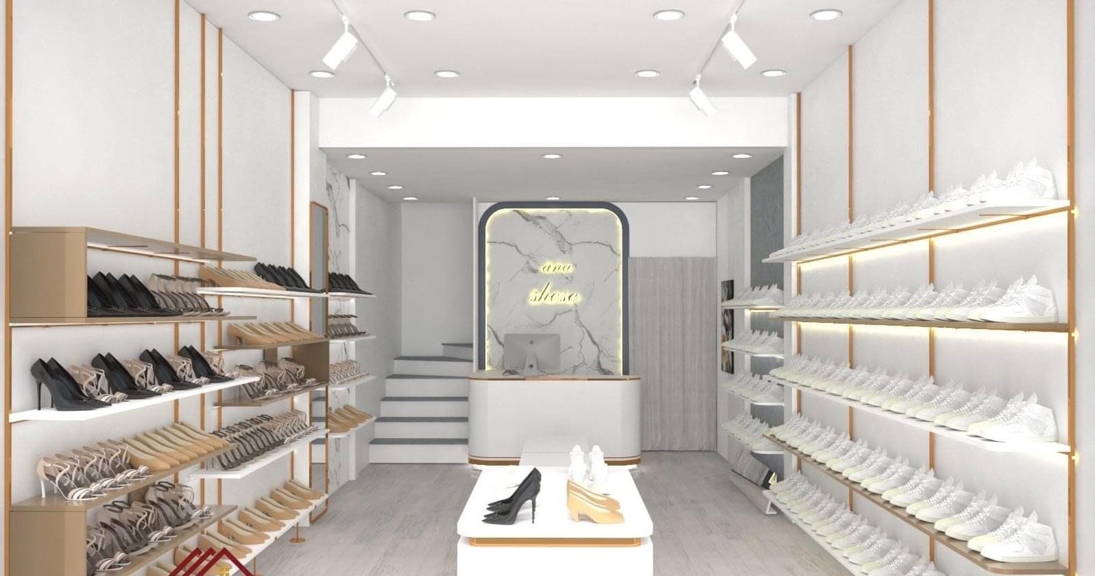 Mẫu thiết kế shop giày dép tone màu trắng