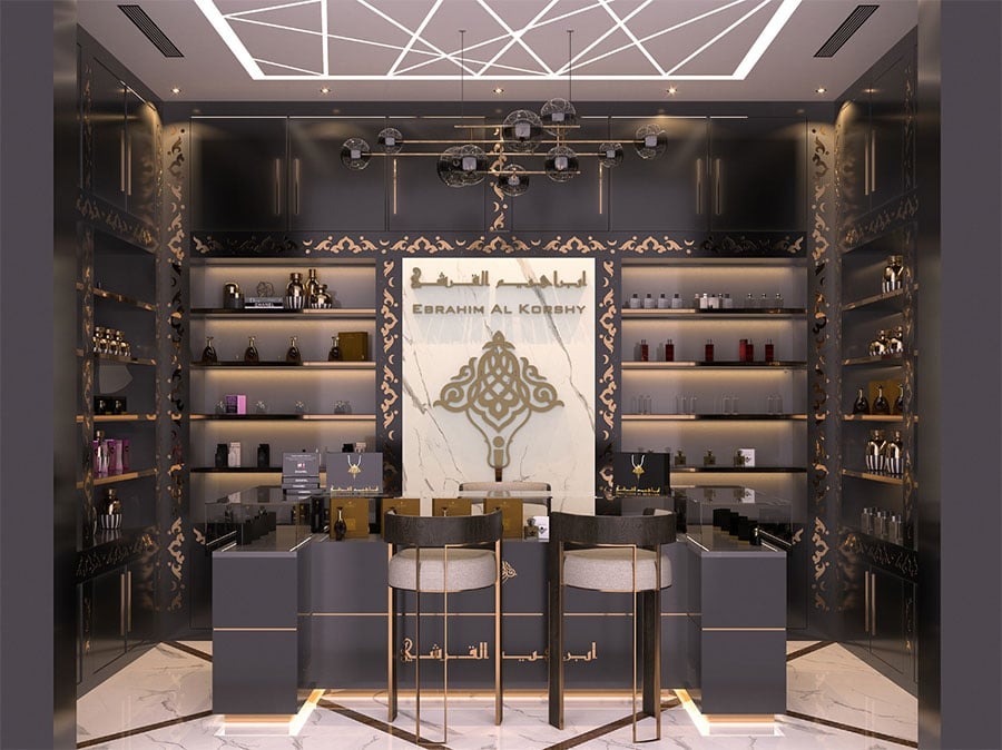 Mẫu thiết kế shop sang trọng với tone đen, vàng ánh kim - Mẫu 2