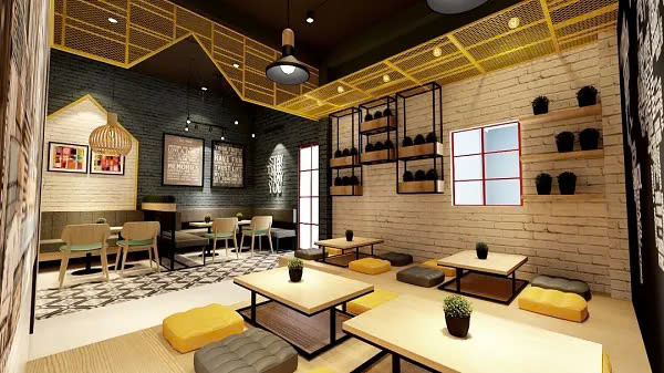 Thiết kế quán cafe bệt hiện đại với điểm nhấn là những chậu hoa nhỏ