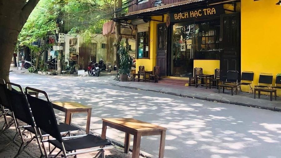 Quán cà phê vỉa hè nhiệt đới với nội thất mây tre, ô dù lớn, cây xanh và đèn dây, tạo không gian tươi mới Quán cà phê vỉa hè nhiệt đới với nội thất mây tre, ô dù lớn, cây xanh và đèn dây, tạo không gian tươi mới