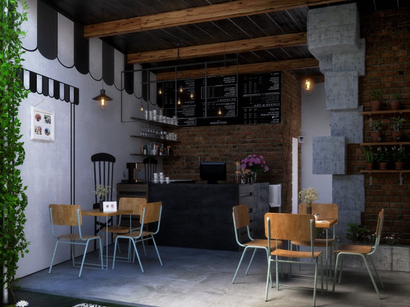 Quán cafe mộc mạc 30m² sử dụng bàn ghế gỗ pallet, kệ treo tường từ thùng gỗ cũ Quán cafe mộc mạc 30m² sử dụng bàn ghế gỗ pallet, kệ treo tường từ thùng gỗ cũ