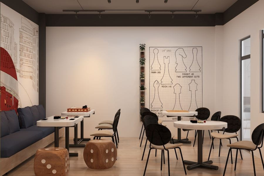 Không gian quán cafe game với bố trí khoa học và khu vực chơi game cách biệt. Không gian quán cafe game với bố trí khoa học và khu vực chơi game cách biệt.