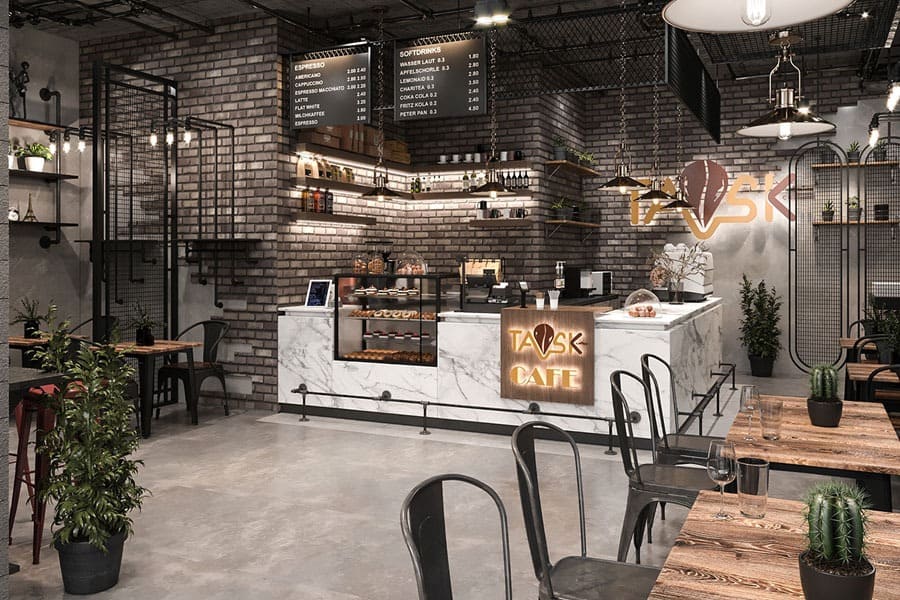 Quán cafe industrial Hàn Quốc với tường bê tông và đèn công nghiệp Quán cafe industrial Hàn Quốc với tường bê tông và đèn công nghiệp
