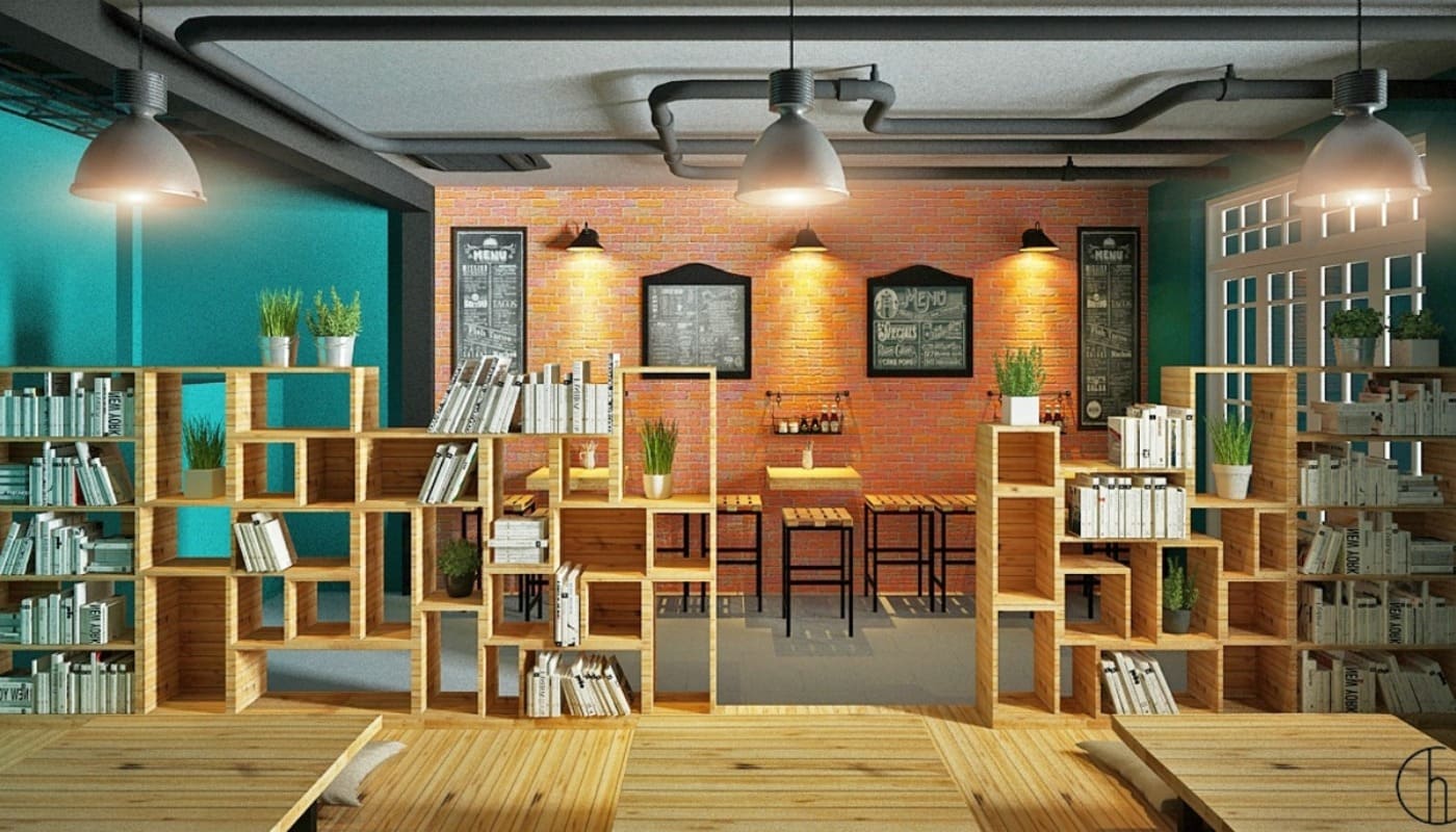Quán cafe sách phong cách hiện đại với nội thất tối giản, kệ sách tinh tế và ánh sáng trắng