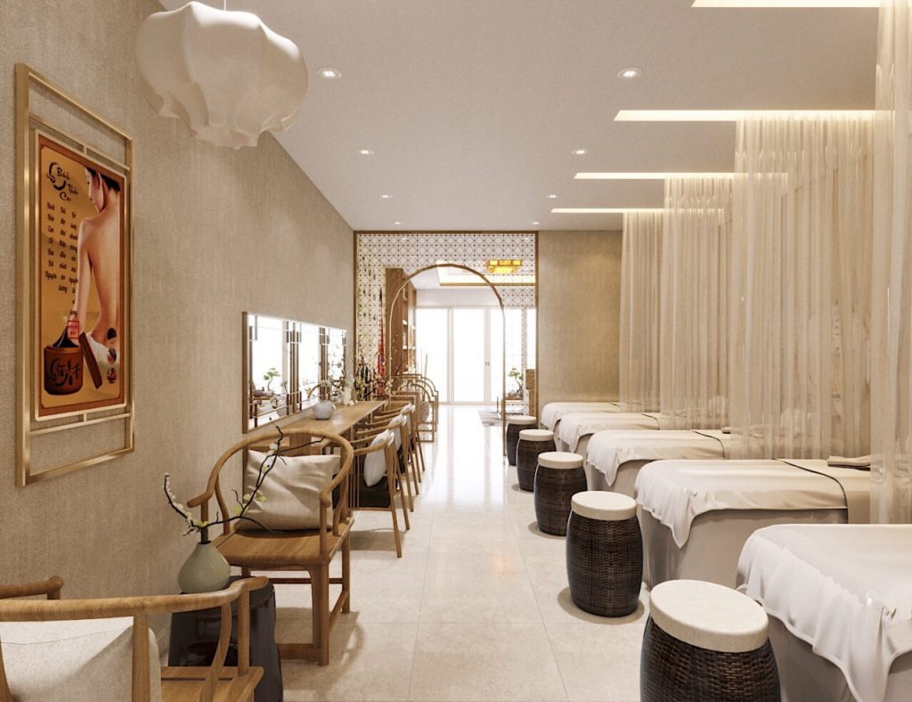 Nội thất spa nhà ống với sàn gỗ và tường đá tự nhiên, màu pastel. Nội thất spa nhà ống với sàn gỗ và tường đá tự nhiên, màu pastel.