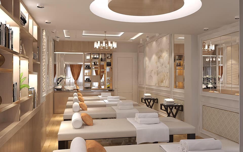 Nội thất spa nhà ống hiện đại với đường nét gọn gàng, màu trung tính. Nội thất spa nhà ống hiện đại với đường nét gọn gàng, màu trung tính.