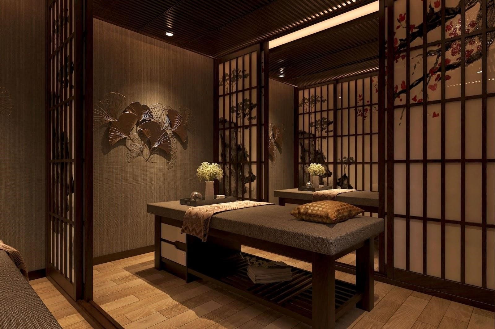 Phòng xông hơi spa mini với nội thất gỗ sáng màu Phòng xông hơi spa mini với nội thất gỗ sáng màu