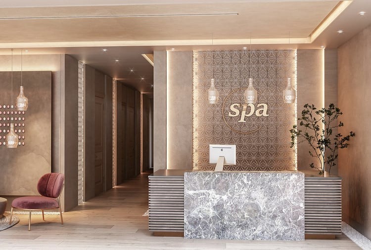Một số mẫu thiết kế quầy lễ tân spa chữ L sang trọng Một số mẫu thiết kế quầy lễ tân spa chữ L sang trọng
