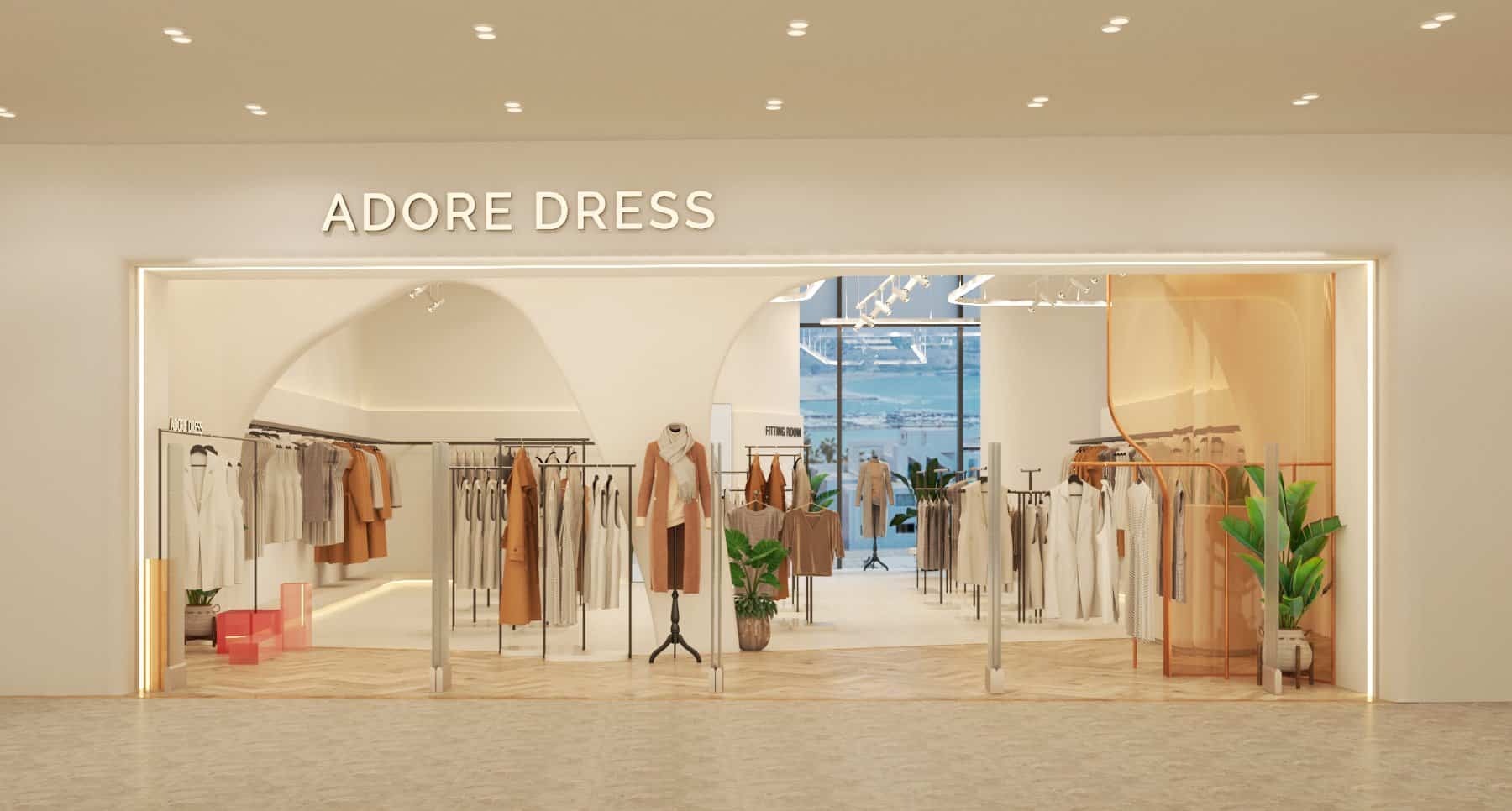 Shop quần áo 40m2 không gian mở với cửa kính lớn, ánh sáng tự nhiên và chậu cây xanh trang trí. Shop quần áo 40m2 không gian mở với cửa kính lớn, ánh sáng tự nhiên và chậu cây xanh trang trí.