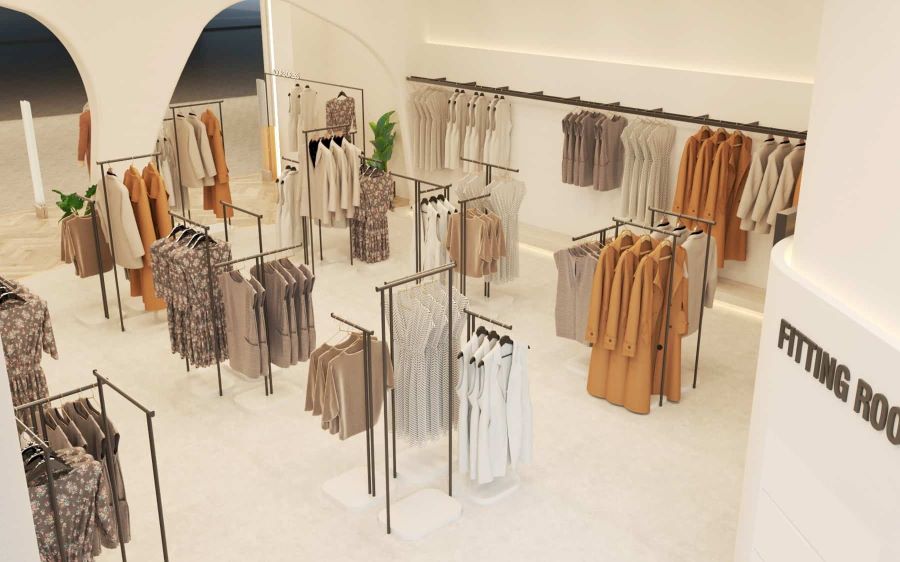 Shop quần áo 40m2 tông màu pastel hồng phấn với gương tròn lớn và nội thất trắng tinh tế. Shop quần áo 40m2 tông màu pastel hồng phấn với gương tròn lớn và nội thất trắng tinh tế.