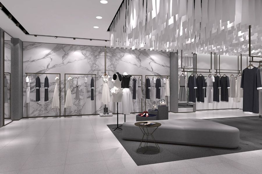 Shop quần áo 40m2 phong cách hiện đại cá tính với kệ trưng bày bất đối xứng Shop quần áo 40m2 phong cách hiện đại cá tính với kệ trưng bày bất đối xứng