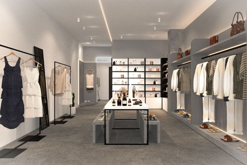 Nội thất shop quần áo 40m2 phong cách hiện đại với ánh sáng LED trắng tinh tế. Nội thất shop quần áo 40m2 phong cách hiện đại với ánh sáng LED trắng tinh tế.