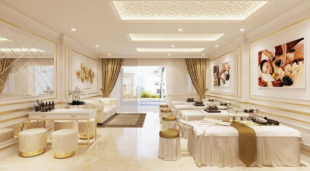 Spa tân cổ điển pastel với nội thất gỗ sáng màu, màu hồng phấn và chi tiết đồng thau, tạo cảm giác ấm áp, thư giãn. Spa tân cổ điển pastel với nội thất gỗ sáng màu, màu hồng phấn và chi tiết đồng thau, tạo cảm giác ấm áp, thư giãn.