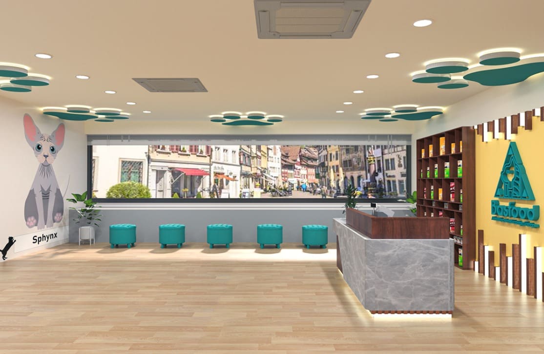 Quầy tiếp tân spa thú cưng được thiết kế thân thiện, ánh sáng dịu nhẹ. Quầy tiếp tân spa thú cưng được thiết kế thân thiện, ánh sáng dịu nhẹ.