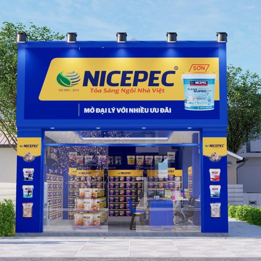 Mặt tiền cửa hàng sơn nổi bật với màu sắc tương phản cao Mặt tiền cửa hàng sơn nổi bật với màu sắc tương phản cao
