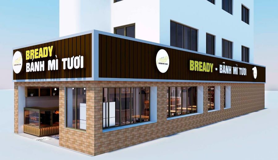 Mặt tiền tiệm bánh mì với bảng hiệu LED sáng rõ, logo độc đáo thu hút khách từ xa. Mặt tiền tiệm bánh mì với bảng hiệu LED sáng rõ, logo độc đáo thu hút khách từ xa.