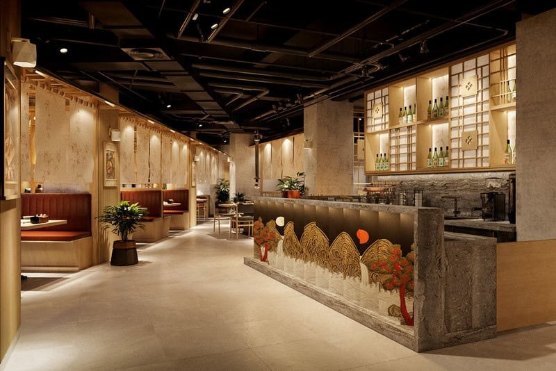 Thiết kế nhà hàng Hàn Quốc buffet, quầy món ăn dài, ánh sáng vàng, màu nâu gỗ