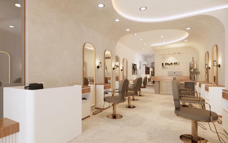 Mẫu thiết kế salon tóc vừa phong cách hiện đại 50–100m2 với nội thất tối giản