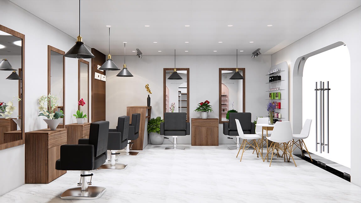 Mẫu thiết kế salon tóc có chậu cây xanh trang trí tạo điểm nhấn