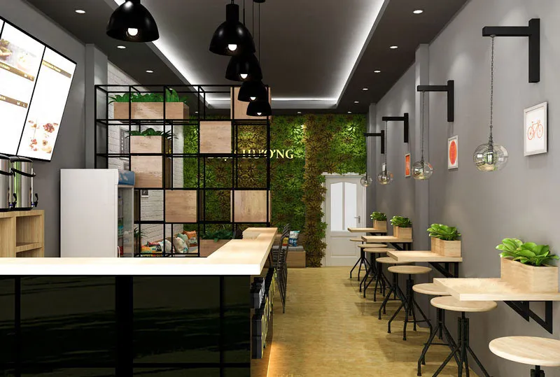 Một số mẫu thiết kế quán trà sữa 50m2 hình chữ L 1