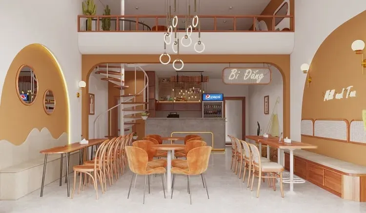 Mẫu thiết kế quán trà sữa 50m2 theo phong cách hiện đại tone nâu vàng