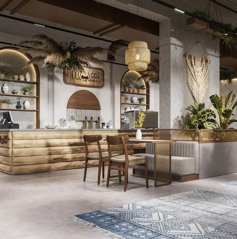 Bố trí nội thất theo phong thủy quán cafe với lối đi thông thoáng và bàn ghế sắp xếp cân đối