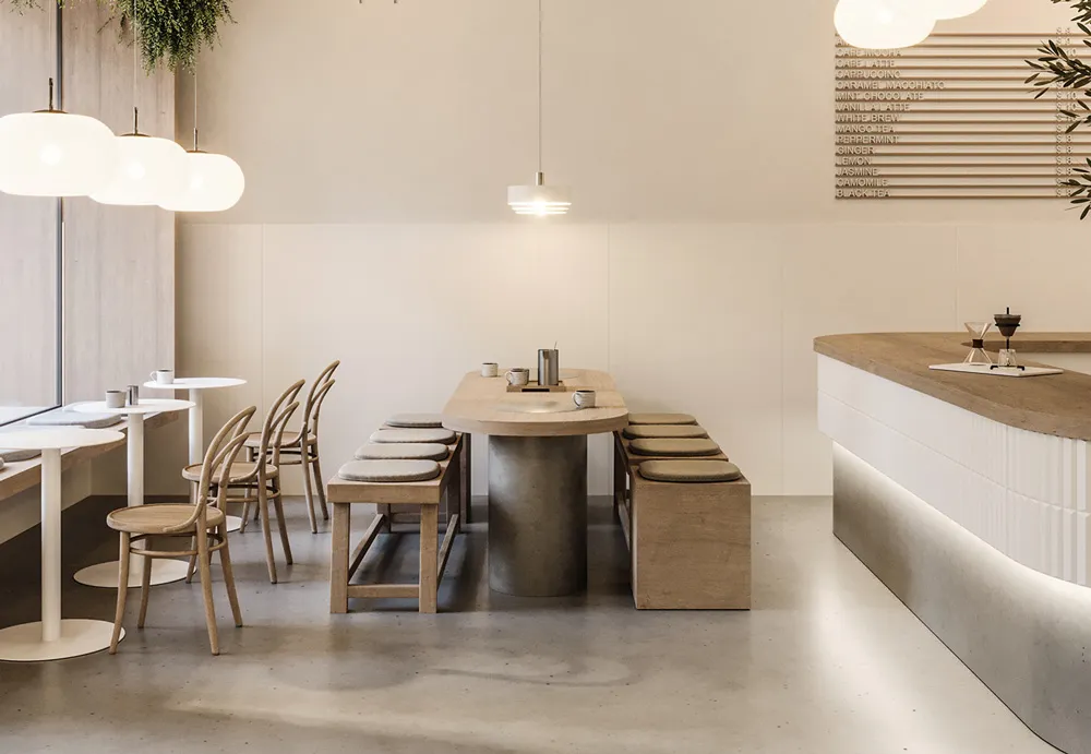 Mẫu thiết kế quán cafe 15m2 phong cách Hàn Quốc trẻ trung với bảng màu pastel