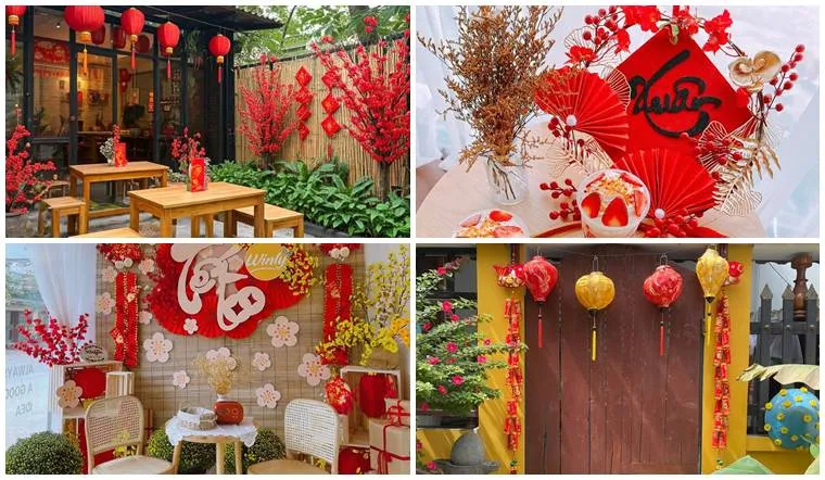 Trang trí quán cafe dịp tết bằng đèn lồng, dây pháo đỏ
