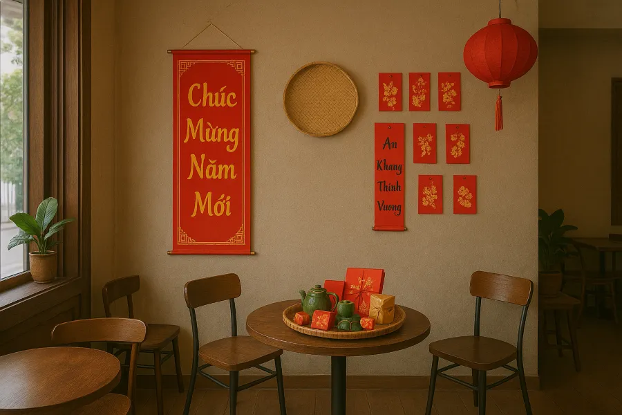 Bao lì xì đỏ rực, câu đối chúc phúc và mẹt quà Tết là những món đồ decor đơn giản nhưng đầy ý nghĩa