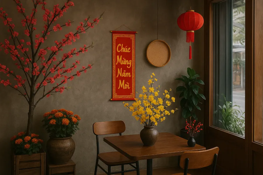 Hình ảnh gợi ý trang trí Tết quán cafe 2026 đẹp, ấn tượng