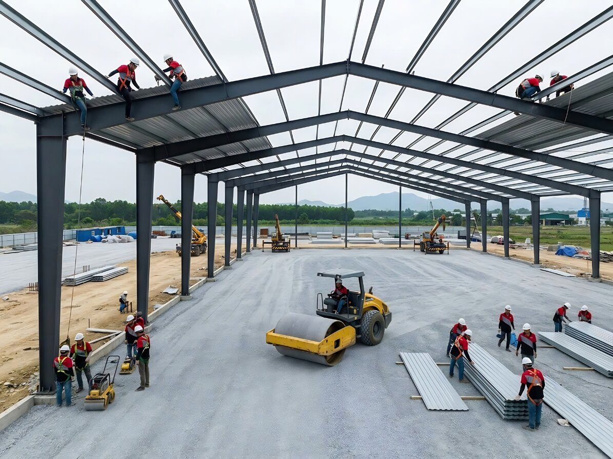 Đội ngũ công nhân kỹ thuật lành nghề của Gia Long thực hiện lắp dựng nhà xưởng